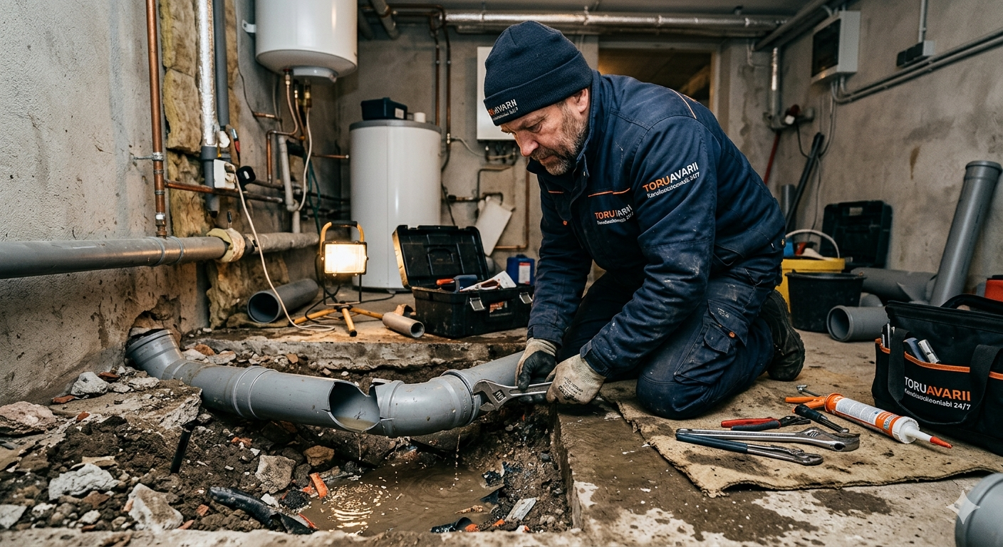 Professionaalne torumees parandab katkist kanalisatsioonitoru keldris, Toruavarii teenus